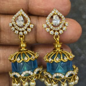"Micro-gold plated Jadau Kundan multi-colour jhumka earrings with sparkling teardrop Kundan stones, colourful dome-shaped beads and pearl drops, available in pink, yellow, black, blue and red."